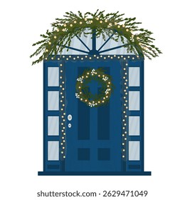 Front door with Christmas mistletoe garland and wreath. Decorated home for winter holiday. Soft light of electricity. Isolated on white background. Vector illustration.