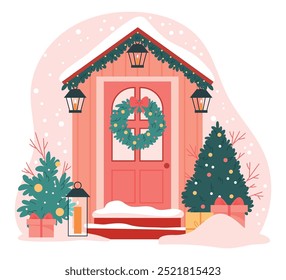 The front door is decorated for Christmas.House entrance decorated with Xmas wreath, lanterns on porch, festive ornaments and snow on winter holiday.