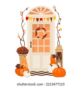 Front door with a decoration of pumpkins and autumn garland. Autumn threshold decoration - pumpkin arrangement , flower pot, lantern, candle . Illustrated vector element.