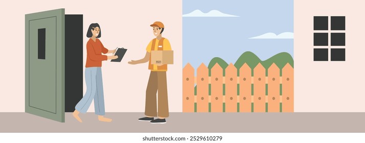 Front door delivery. Courier delivering package. Delivery checking. Postman delivering packet. Free shipping. Warehouse worker. Warehouse distribution. Goods distribution.