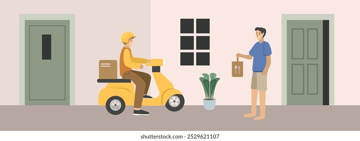Front door delivery food. Food delivery courier. Courier delivering food. Delivery services. Fast deliver. Express delivery.