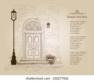 Front door European house. Elegant London townhouse. Vintage style background with copy space 