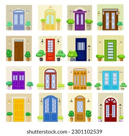 Front Door Facade with Decorative Bushes in Cachepot and Light Big Vector Set