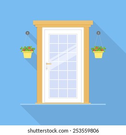 Front door with flowerpots in flat design style isolated on blue background. Vector illustration