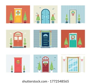 Front door of house decorated for Christmas - isolated flat set of building entrances with festive decorations, wreaths and trees. Holiday decor vector illustration.