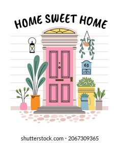 Front door house exterior. Architecture facade elements, home wall, entrance design, porch and threshold, outdoor plants, sweet home lettering, postcard or poster, vector cartoon flat concept