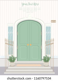 Front Door House Exterior Entrance. Web banner template background. Editable vector illustration