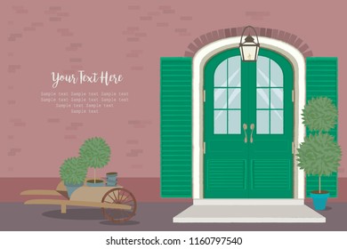 Front Door House Exterior Entrance. Web banner template background. Editable vector illustration