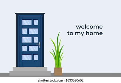 Front Door House Exterior Entrance. Vector illustration in trendy flat style. Welcome to real world