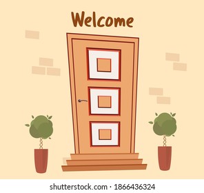 Front door house. Exterior entrance. Cartoon style entrance door with a welcome sign. Vector illustration.