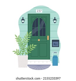 Front door of house. Home entrance exterior, outside. Facade with entry number, doorway with glass, lamps, plants, mailbox, decoration. Colored flat vector illustration isolated on white background.