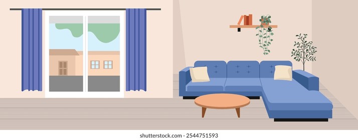 Front door house illustration. Sofa living room. Home landscape. Home interior. Living room interior. Potted plant. Sitting room interior. 