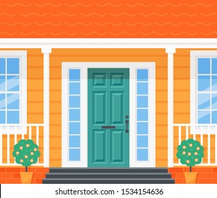 Front door house. Vector. Home porch with door, stairs, windows and plants. Yellow facade. Building entrance, doorstep. Modern outside architecture in flat design. Cartoon illustration