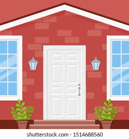 Front door house. Vector. Porch of building. Brick wall facade with white door, potted plants, lanterns  and windows. Home entrance. Modern outside architecture in flat design. Cartoon illustration.