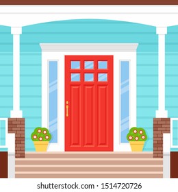 Front door house. Vector. Porch of building. Blue facade. Doorstep with red door, potted plants and wooden stairs. Home entrance. Modern outside architecture in flat design. Cartoon illustration.  