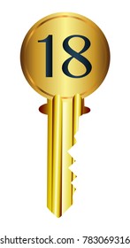 A front door key with the legend 18 over a white background