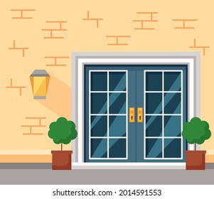 front door lamp and plants of yellow house
