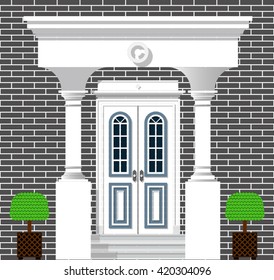 front door on background of grey brick wall