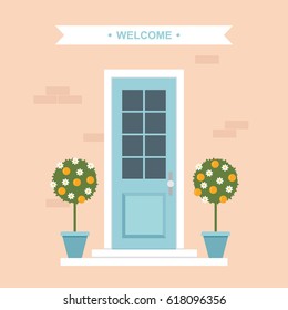 Front Door With Orange Trees House Entrance Vector Illustration