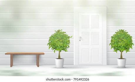 Front Door With Plants And Rest Bench. EPS10 Vector