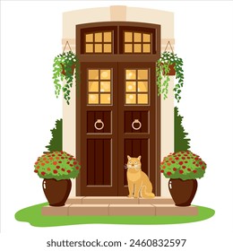 The front door with potted flowers and a sitting cat. Entrance composition with doors, blooming flowers and potted shrubs, stone steps and a red cat. Vector illustration.