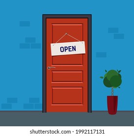 Front Door of store or office with sign open. There is an open sign on the red door. Vector illustration in flat style.