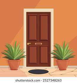 Porta frontal com dois potes com plantas. Ilustração de casa de desenhos animados