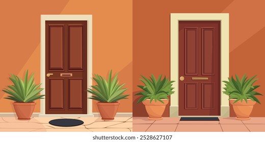 Puerta de entrada con dos macetas con plantas. Ilustración de casa de dibujos animados