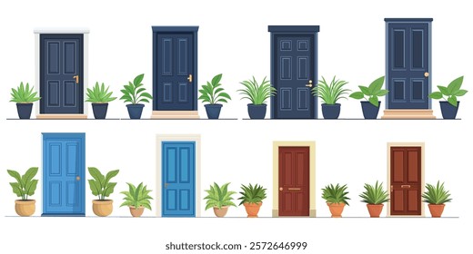 Front door with two pots with plants. Cartoon house illustration