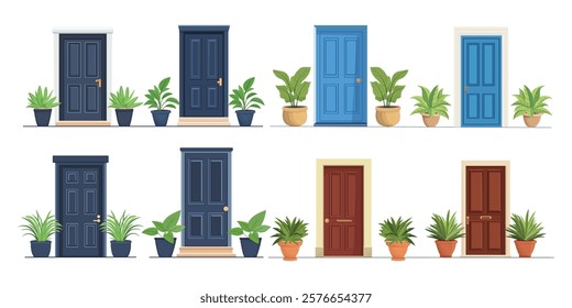 Front door with two pots with plants. Cartoon house illustration