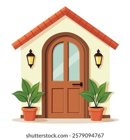 Front door with two pots with plants. Cartoon house illustration