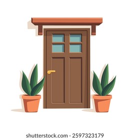 Front door with two pots with plants. Cartoon house illustration