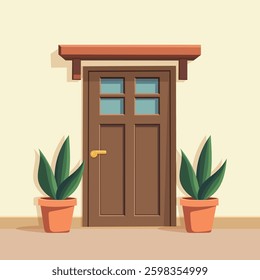 Front door with two pots with plants. Cartoon house illustration