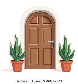 Front door with two pots with plants. Cartoon house illustration