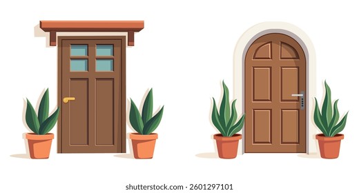 Front door with two pots with plants. Cartoon house illustration