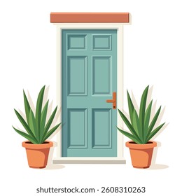Front door with two pots with plants. Cartoon house illustration