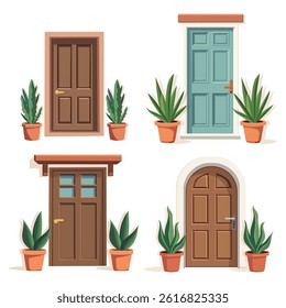 Front door with two pots with plants. Cartoon house illustration