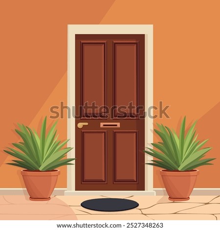 Front door with two pots with plants. Cartoon house illustration