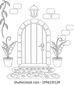 Front door and wall with plants coloring. Vector illustration on the theme of exterior and architecture.