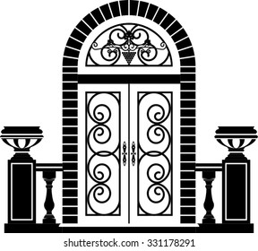 front door with wrought iron decoration isolated on white background