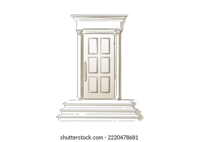 Front Door.House Exterior. Classic Home Entrance. Hand drawn vector line sketch illustration.