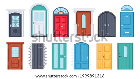 Front doors. Cartoon vintage house wooden doorway. Door with glass window. Home entrances with frame and doorknob. Doors design vector set. Illustration door entrance and doorway at home