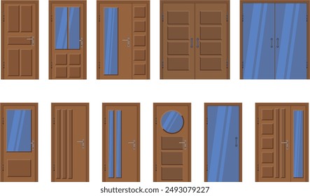 front doors collection with glass flat vector