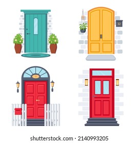 Diseño de puertas delanteras, fachada exterior de la casa. Edificio de fachada de puertas vectoras, diseño de casa exterior, puerta de entrada de ilustración de arquitectura