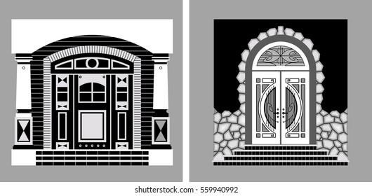 Front doors of different design isolated on gray background