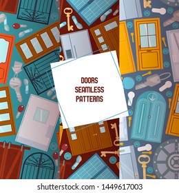 Front doors to houses and buildings set of seamless patterns in flat design vector illustration. Interior wooden, glass, metal door of various forms. Keys of different shape. Flat, shop.