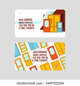Front doors for houses and buildings set of business cards vector illustration. Interior wooden, glass, metal door of various forms. Buying accessories, supplies. Website, email.