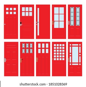 Front doors to houses and buildings set in flat design style isolated, vector illustration.