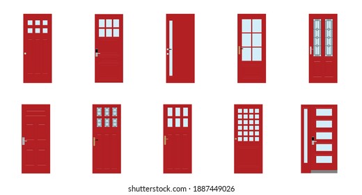Front doors to houses and buildings set in flat design style isolated, vector illustration.