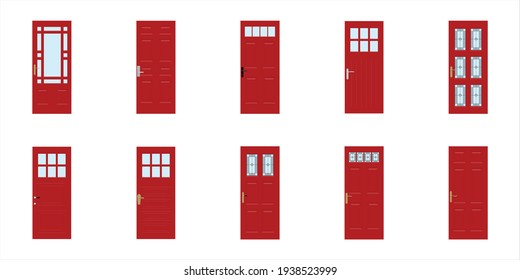 Front doors to houses and buildings set in flat design style isolated, vector illustration.